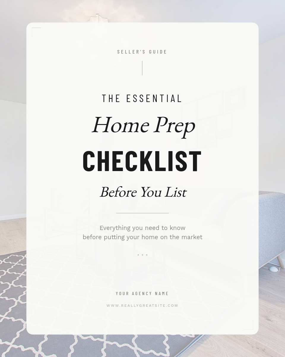 Editorial Mixed Typography Home Prep Checklist Cover with White Card on Interior Photo