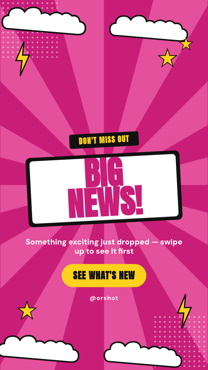 Magenta Pop-Art Comic Burst Story — Sunburst, Clouds & Bold Announcement
