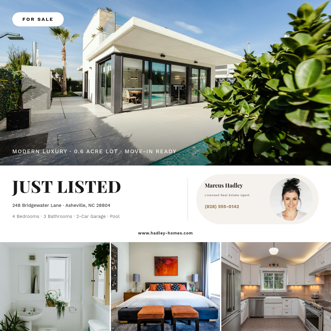 Clean White Just Listed Multi-Photo Real Estate Post with Bold Serif Headline and Oval Agent Card