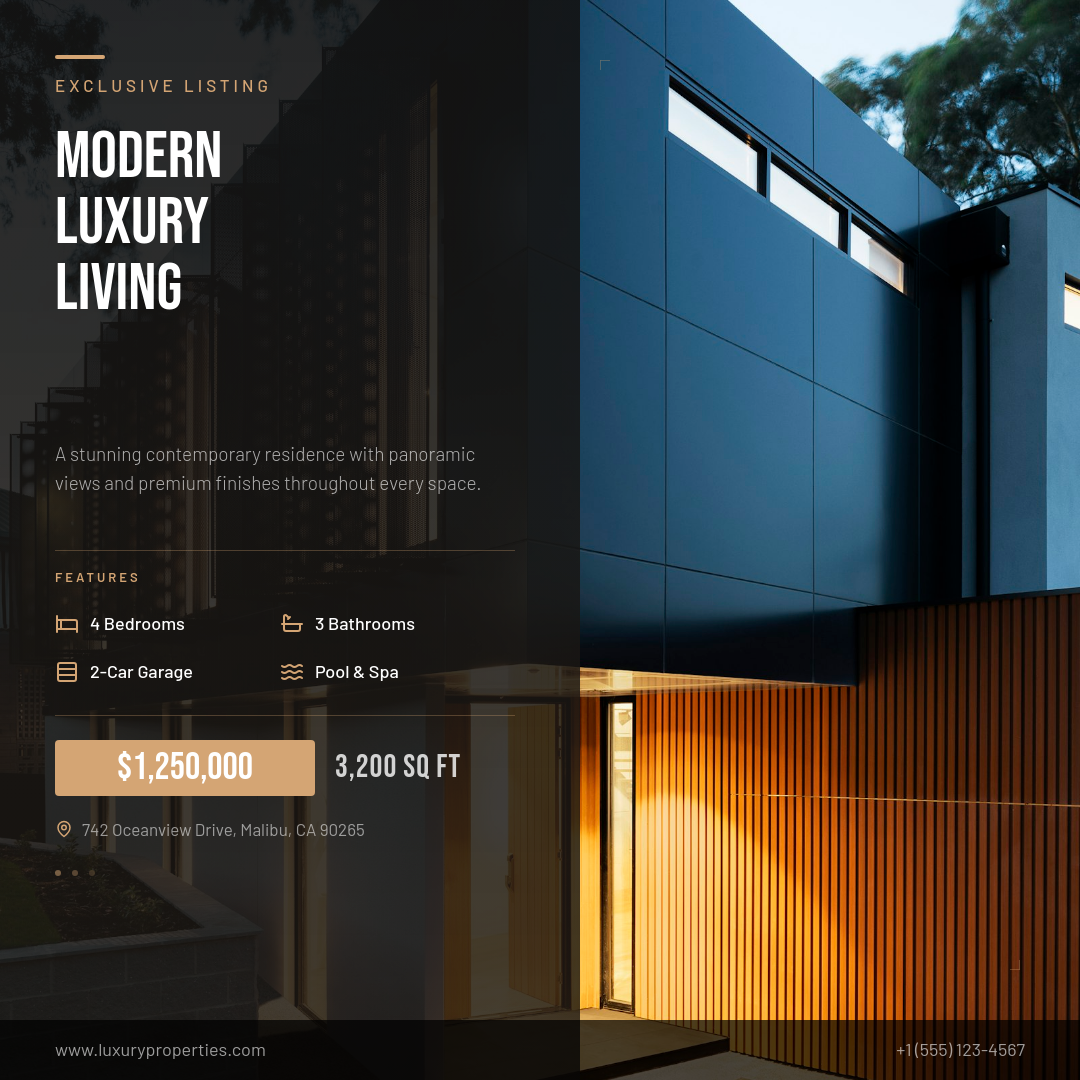 Bold Condensed Property Listing with Photo Overlay Panel and Features Grid