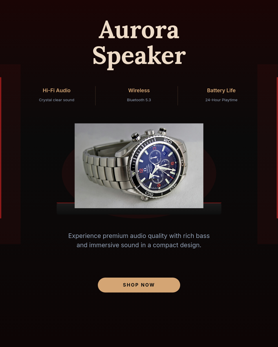 Dark Premium Product Showcase with Red Glow Pedestal and Feature Specs