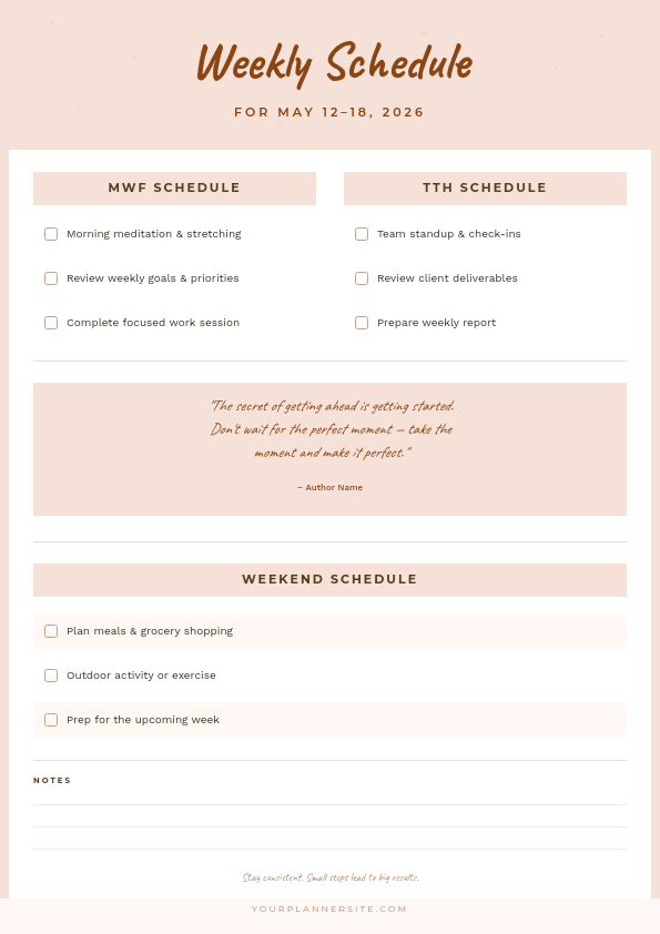 Blush Pink Weekly Schedule Planner with Dual Column Checklist and Quote Section