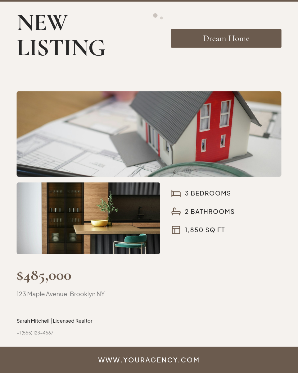 Warm Taupe Multi-Photo New Listing Post with Serif Headline and Property Specs Icons