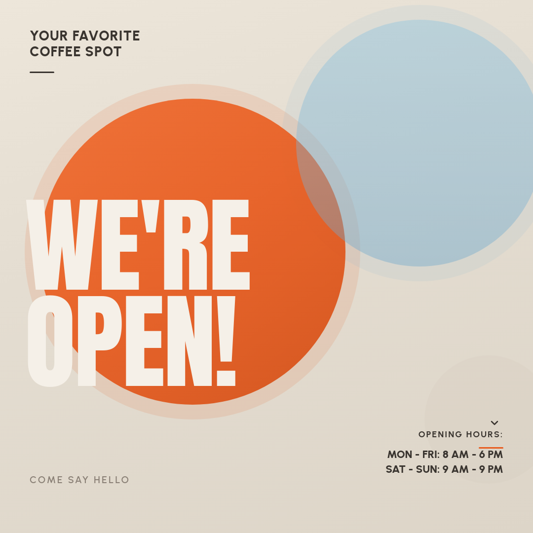Bold Warm Cream Business Opening Announcement with Giant Condensed Headline and Color Orbs