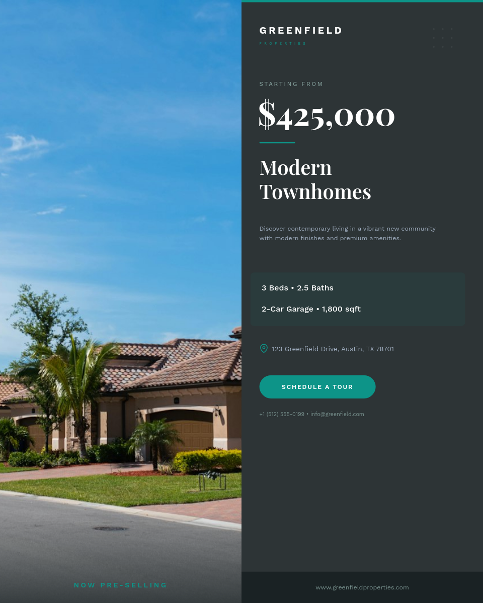 Modern Townhome Community Split Listing with Giant Serif Price and Teal Amenity Grid