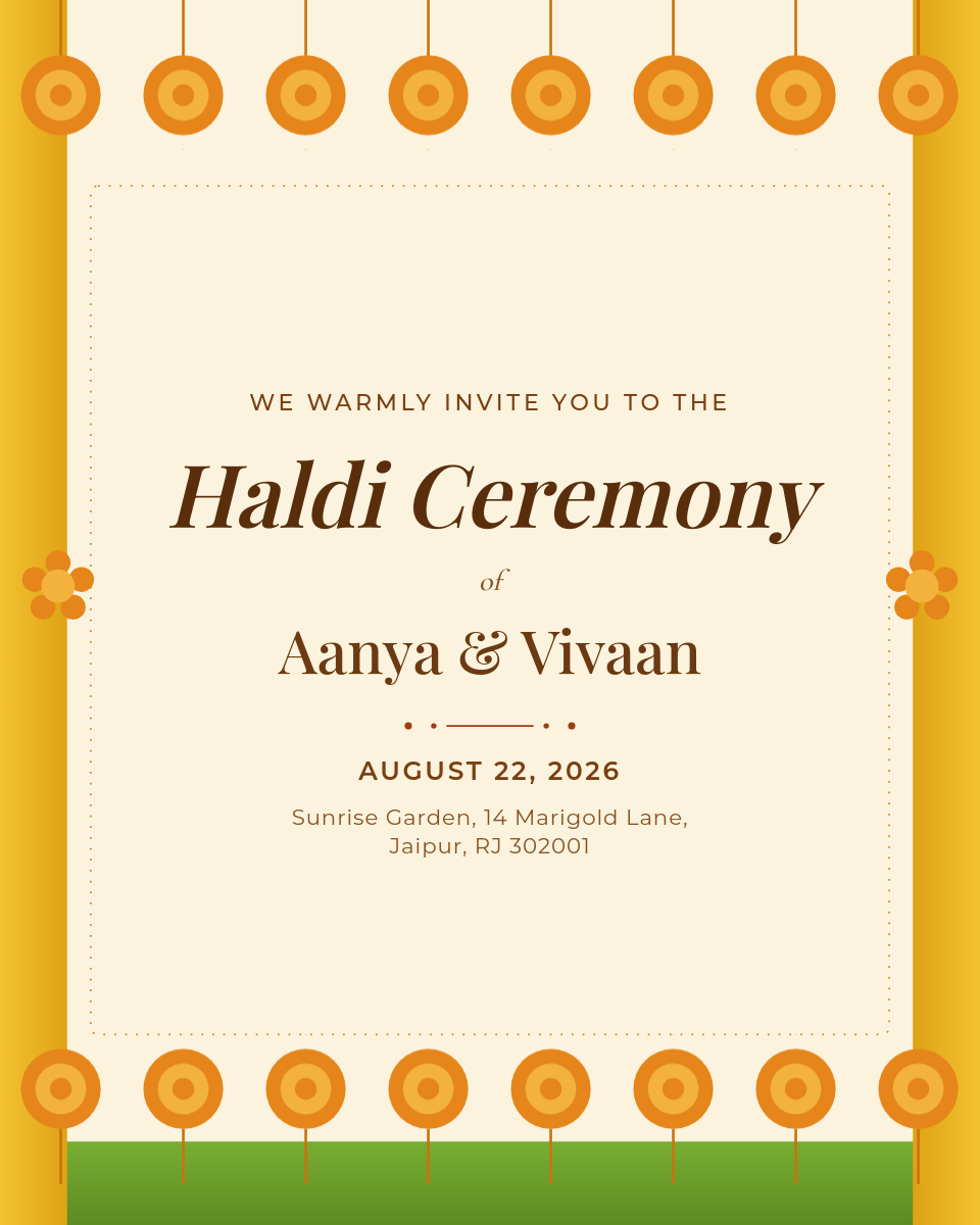 Haldi Ceremony Invitation — Marigold Garland & Curtain Floral Card