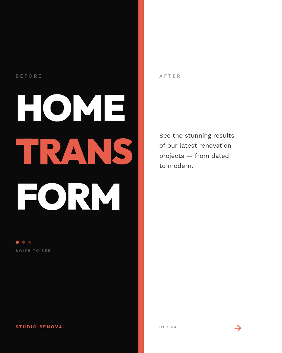 Black White Split Before After Home Transformation Carousel with Coral Divider - Page 1