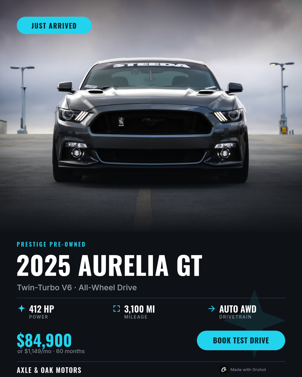 Charcoal & Cyan "Just Arrived" Car Dealership Ad — Oswald Condensed Caps, Full-Bleed Auto Photo, Spec Row & Test-Drive Pill