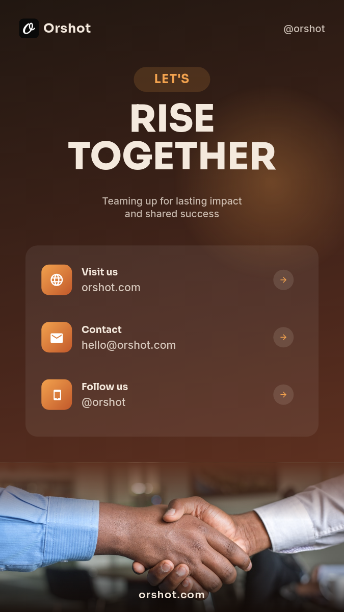Partnership Networking Story — Warm Dark Glass Card with Handshake