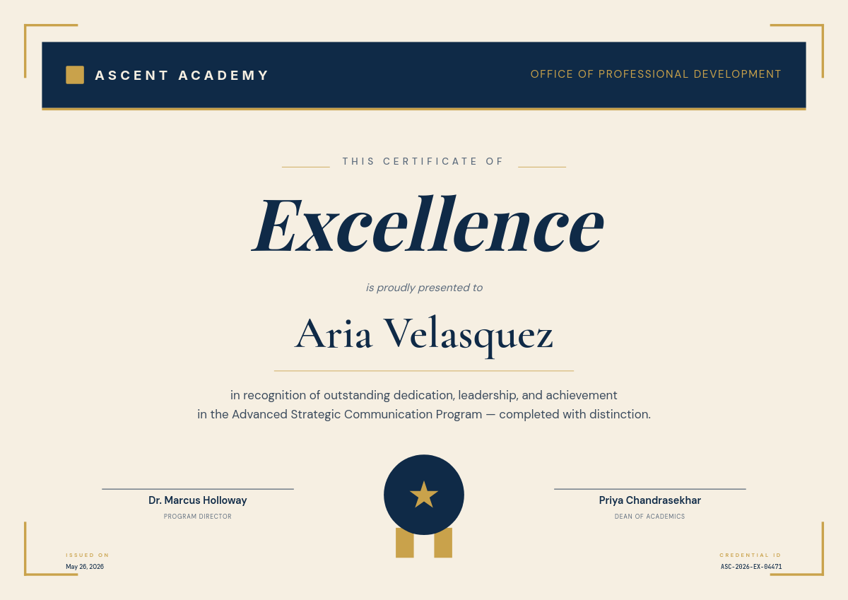 Modern Navy & Gold Certificate of Excellence with Geometric Seal