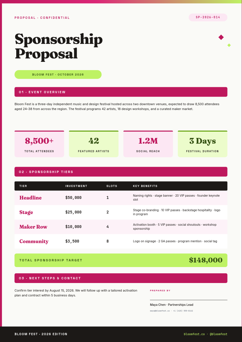 Vibrant Magenta & Lime Event Sponsorship Proposal A4 with Tiered Benefits Table and Bold Display Headline