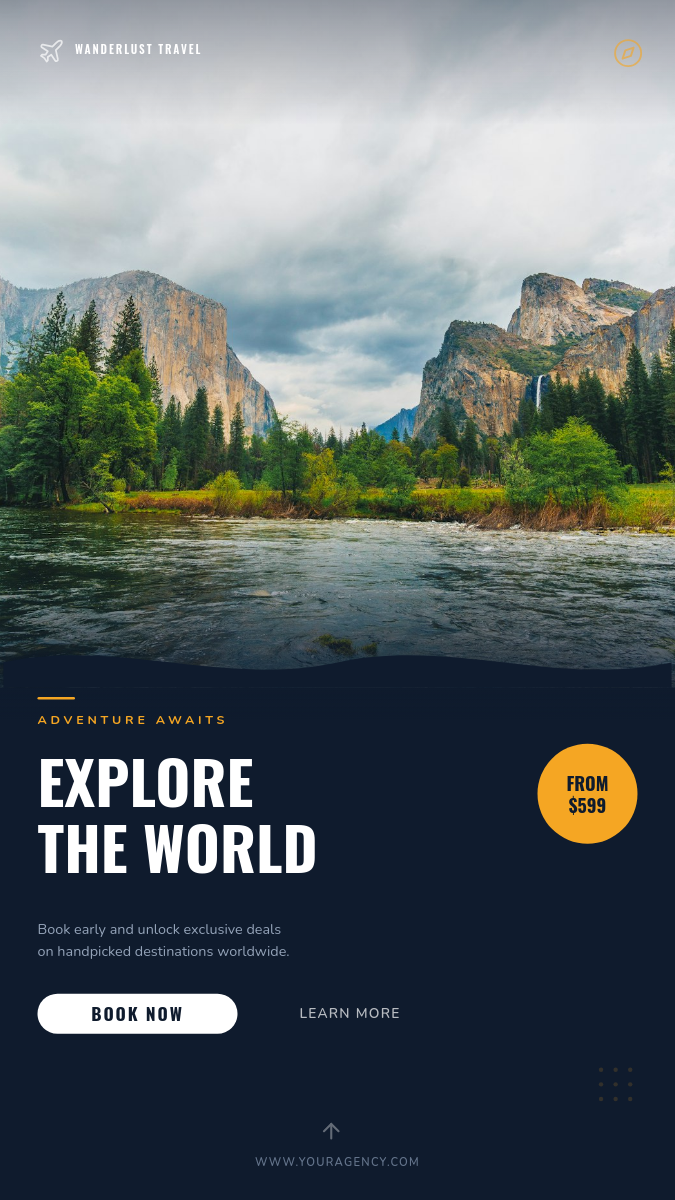Deep Navy Adventure Travel Booking Story with Mountain Hero and Torn-Edge Transition