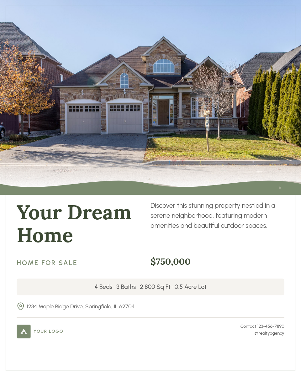 Organic Sage Property Flyer with Wavy Divider and Contact Footer