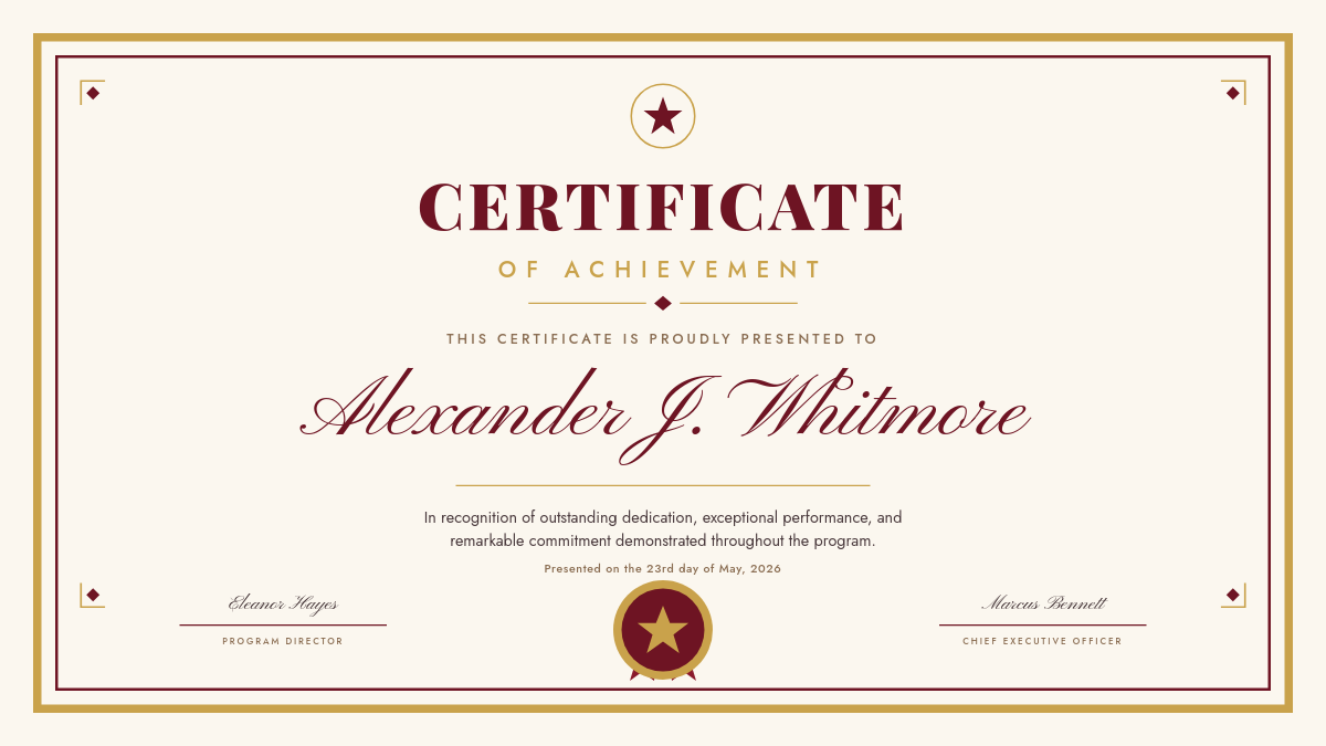 Elegant Burgundy & Gold Certificate of Achievement
