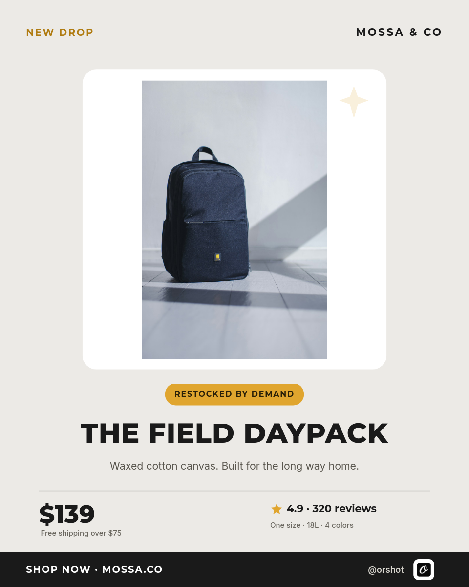 Minimal Light-Gray Canvas Daypack Product Card — Montserrat Caps, White Photo Card, Amber Restock Pill & Price