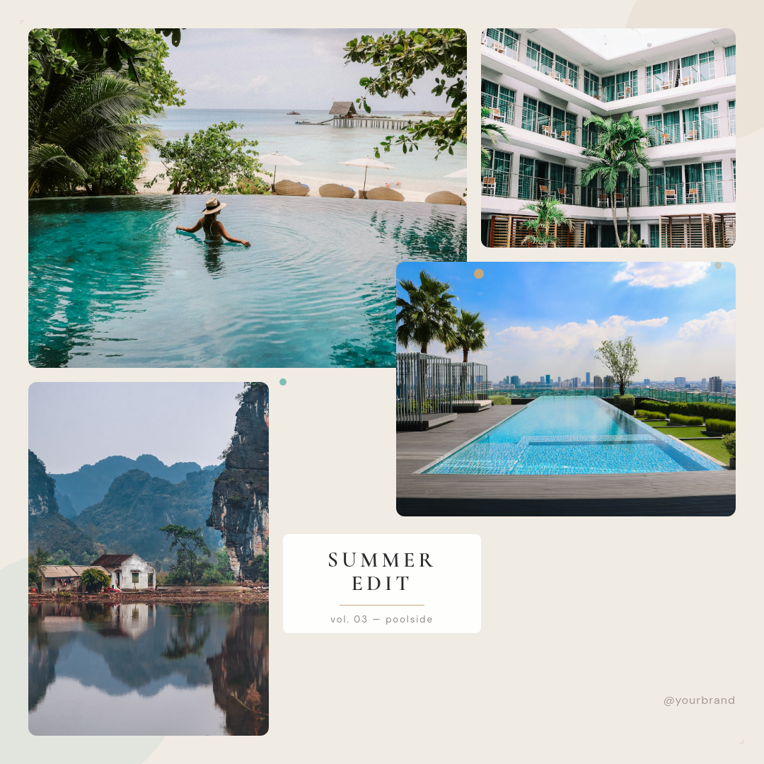 Warm Teal Poolside Summer Mood Board Collage with Asymmetric Photo Grid