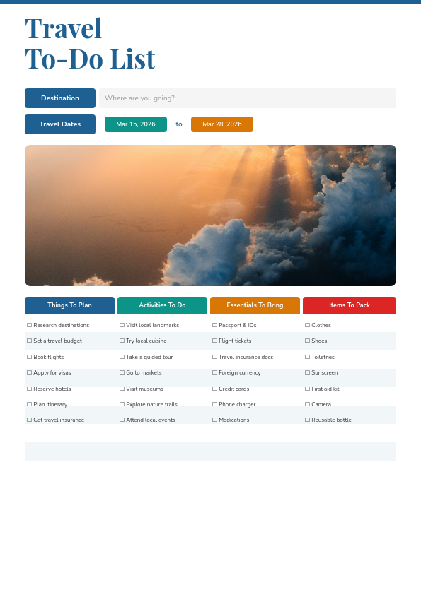 Colorful Travel To-Do List Planner with Hero Photo and Four-Column Checklist