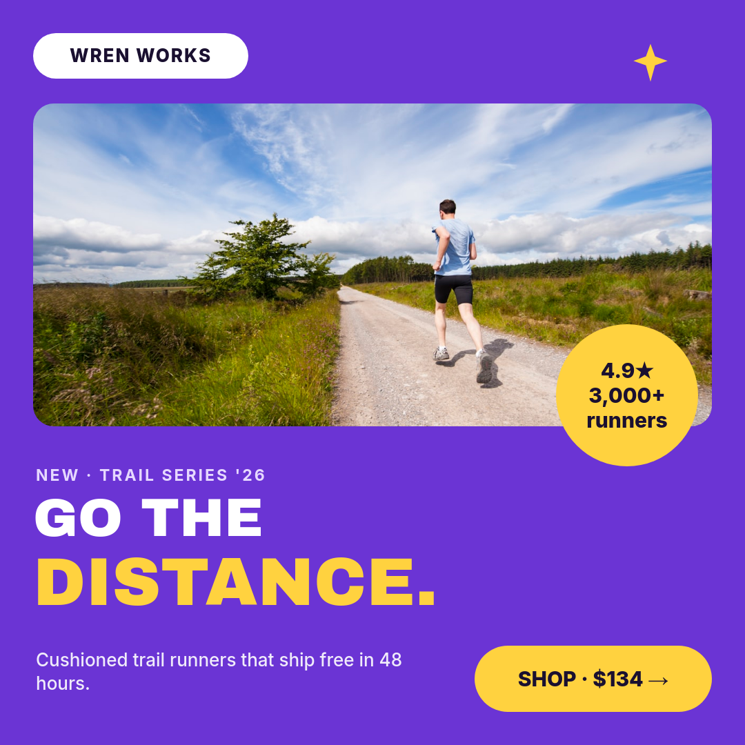 Vibrant Violet & Yellow Trail-Running Drop — Archivo Black Headline, Social-Proof Coin & Runner Photo