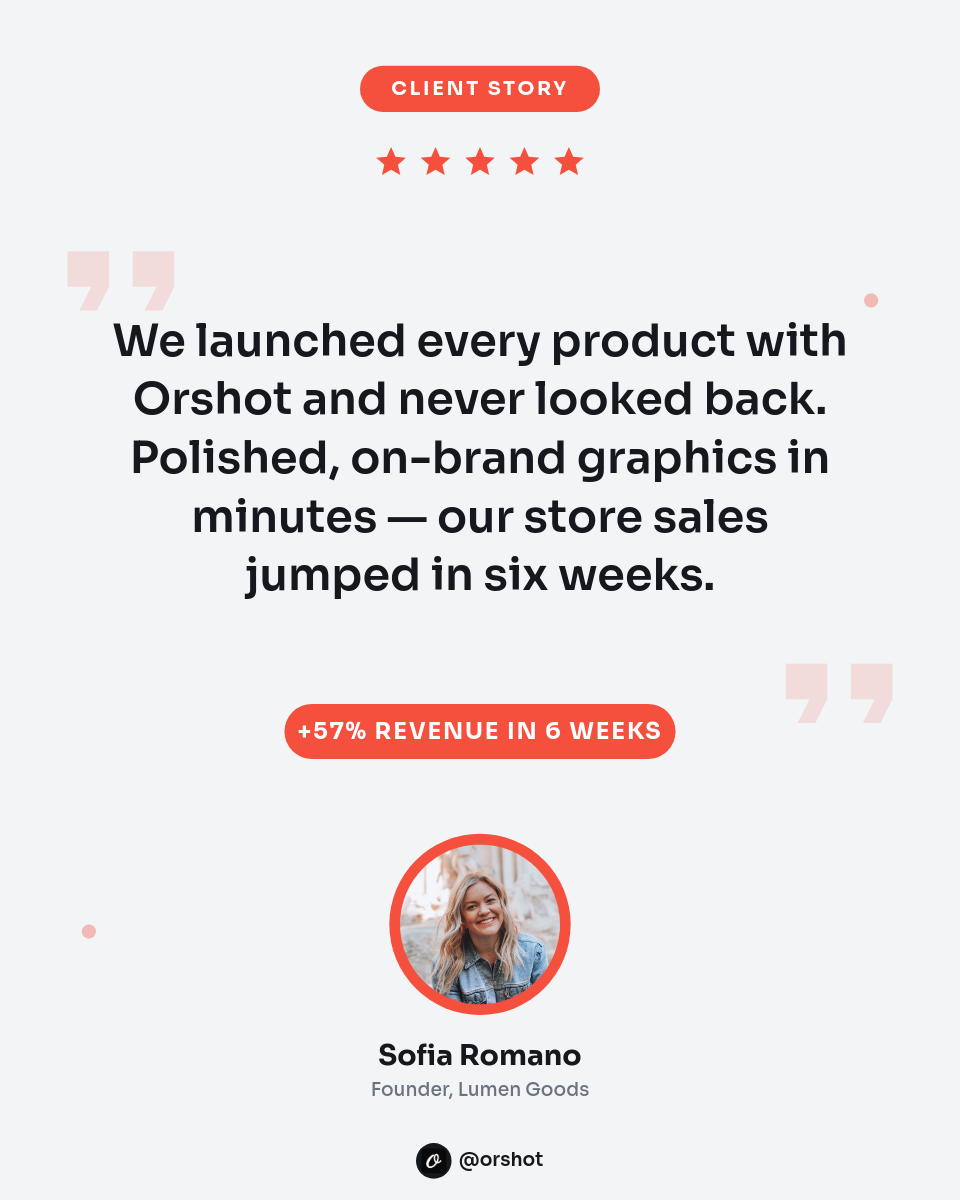 Crisp Coral Five-Star Testimonial Card — Sora Bold Quote, Founder Headshot & Result Stat Pill