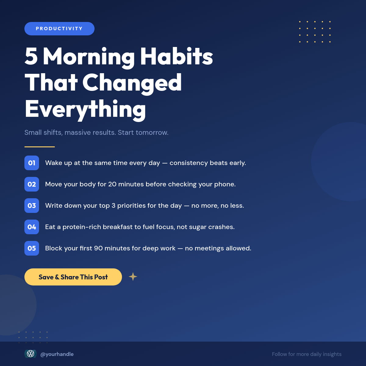 Bold Navy Gradient Morning Routine Tips Card with Numbered List and Dot Grid Accents