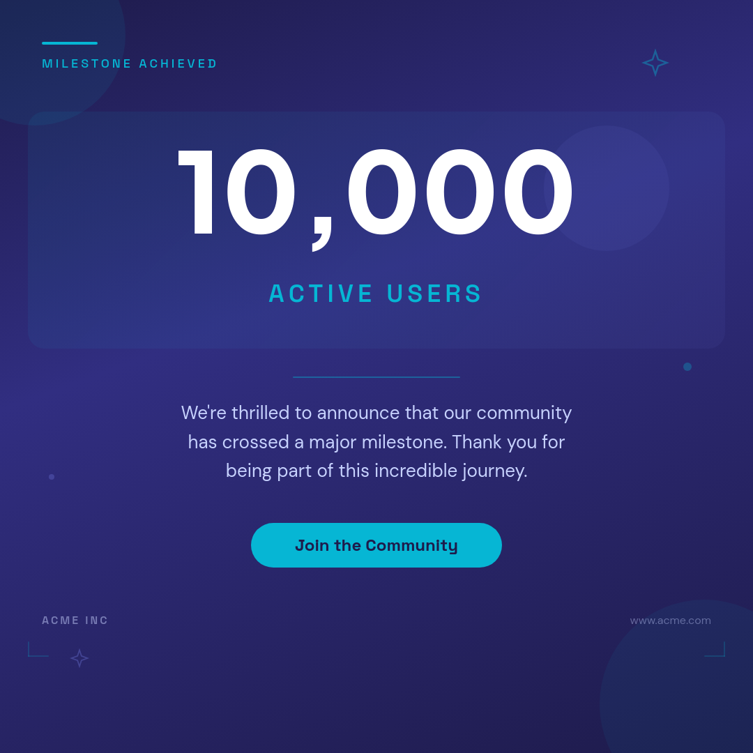 Bold Indigo Data Milestone Achievement Card with Giant Number Display and Geometric Accents
