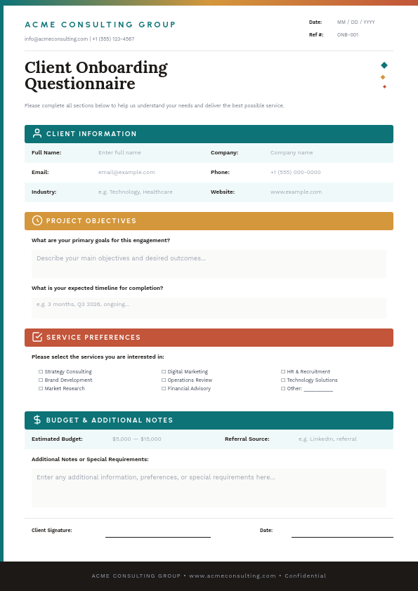 Warm Teal Client Onboarding Questionnaire with Amber Section Headers