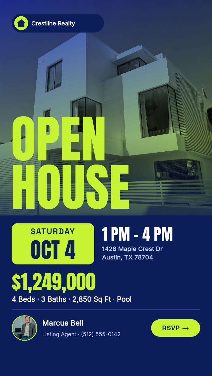 Real Estate Open House Story 9:16 — Navy & Lime Duotone