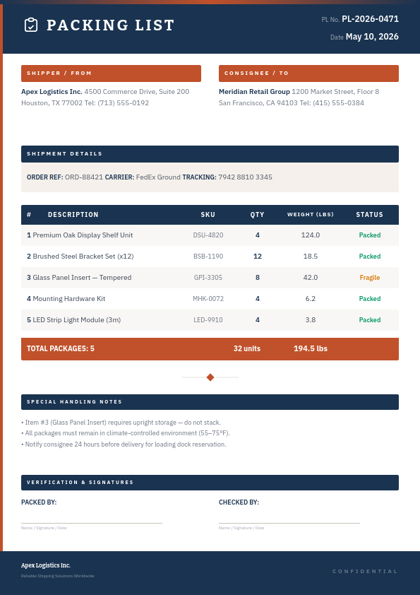 Professional Shipping Packing List with Navy Headers and Rust Accent Stripe