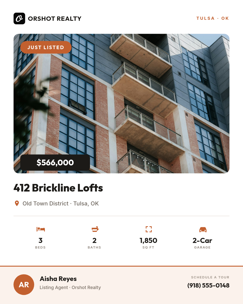 Clean White Just Listed Real-Estate Flyer — Outfit Headline, Terracotta Specs & Agent Bar