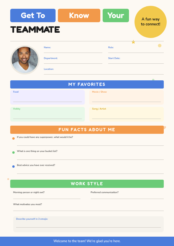 Colorful Block Team Introduction Worksheet with Playful Typography and Form Sections