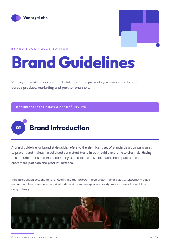 Indigo and Lavender Geometric Brand Guidelines A4 with Outfit Display Title, Hexagon Section Marker, Purple Update Pill and Photo Strip Footer