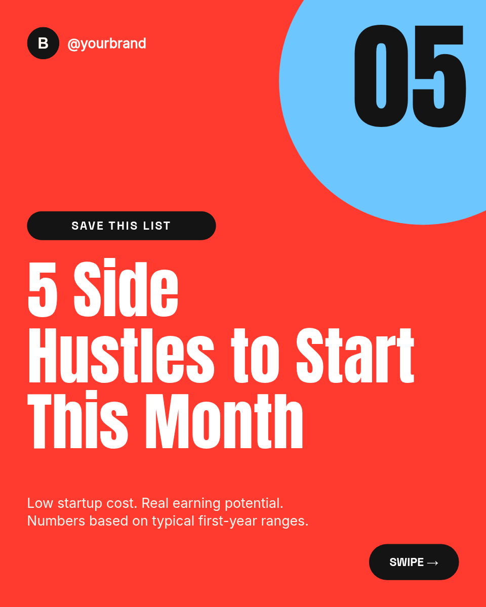 Instagram Carousel Template — 5 Side Hustles, Red & Sky - Page 1