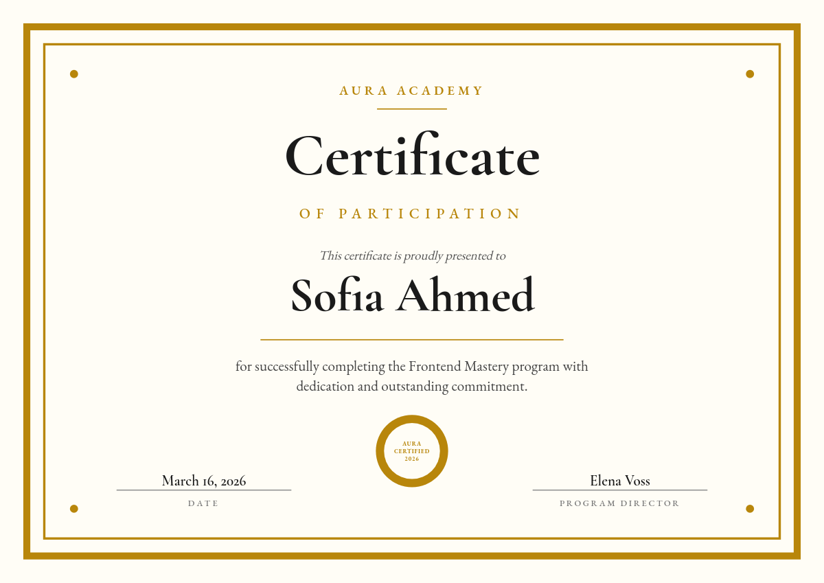 Certificate of Participation — Cream & Gold Classic Frame with Seal