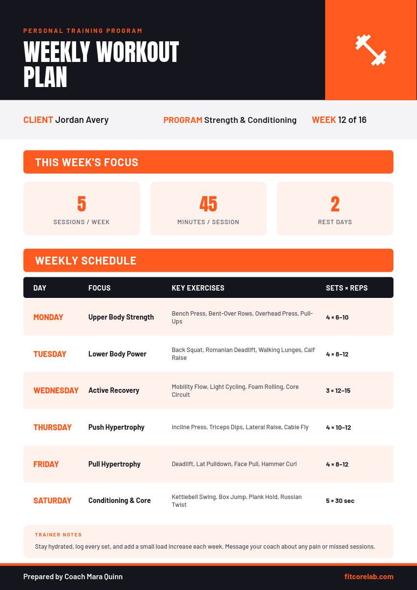 Bold Orange Weekly Workout Plan A4 Document with Schedule Table