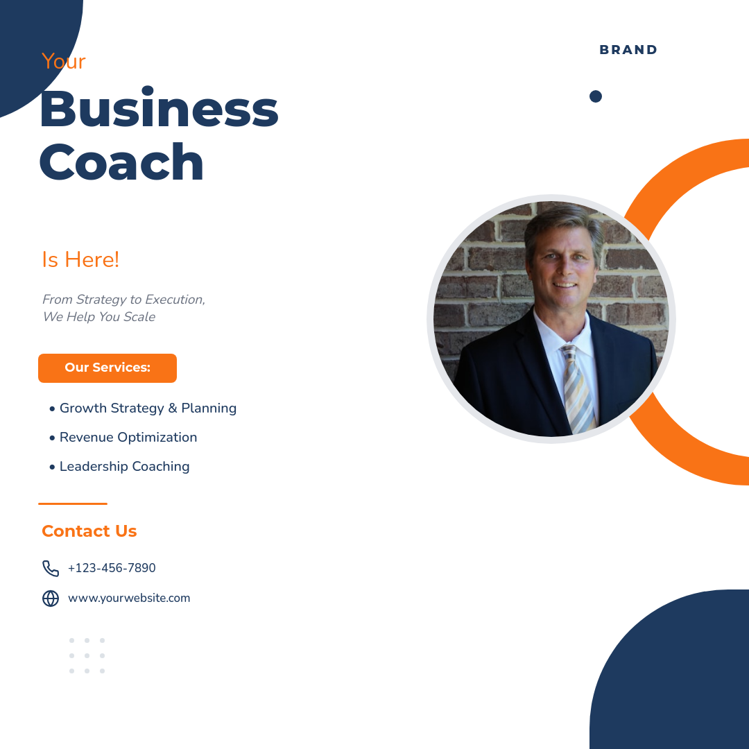 White Professional Service Ad with Navy Swoosh Accents and Circular Headshot