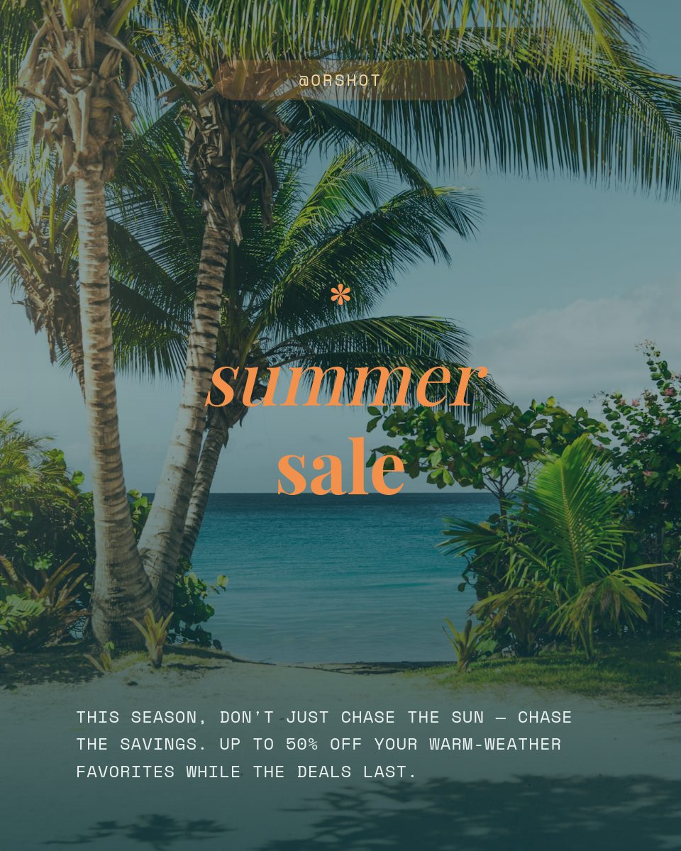 Moody Beach Photo Summer Sale — Serif Italic Promo Portrait