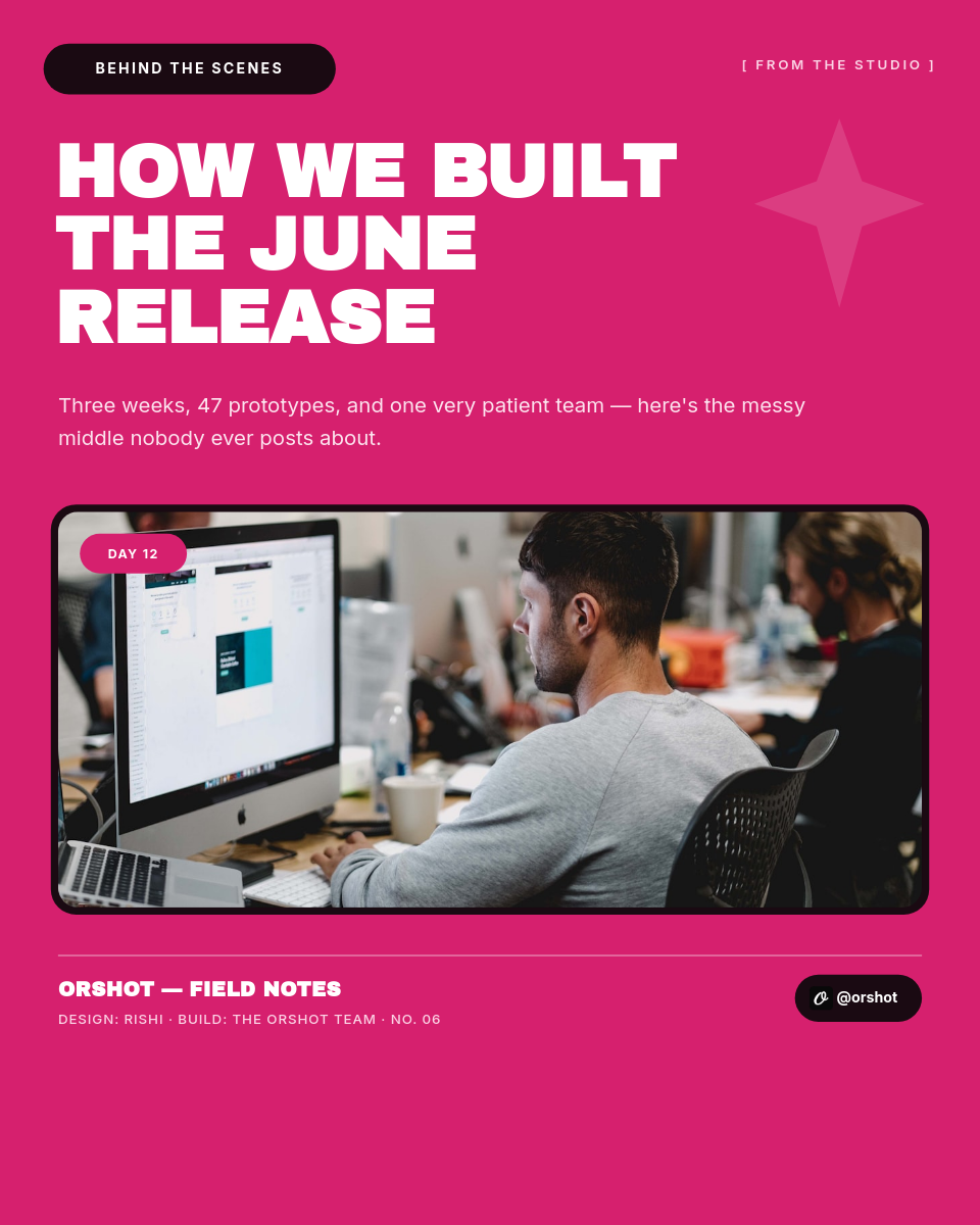 Bright-Magenta Behind-the-Scenes Studio Note — Archivo Black Headline, Photo Card & Credits