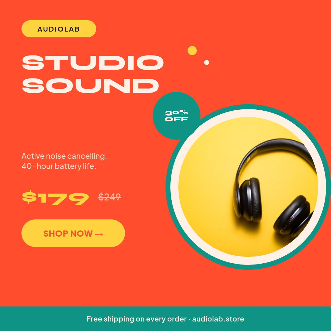 Bold Coral & Teal Wireless Headphones Product Sale Ad