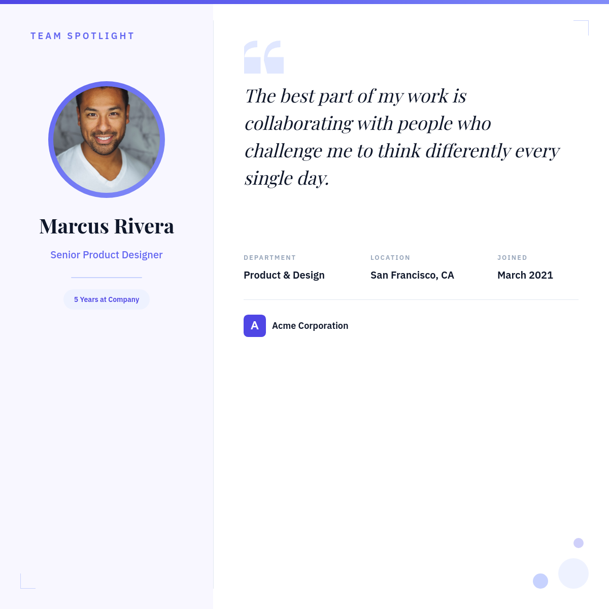 Clean Team Spotlight Card with Headshot Circle, Indigo Gradient Bar, and Serif Quote