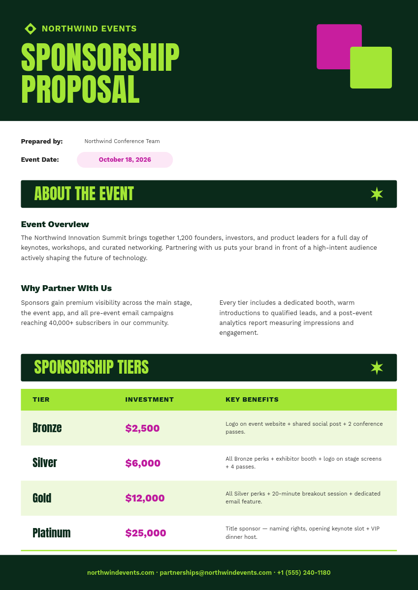 Bold Forest Green Event Sponsorship Proposal with Tier Table
