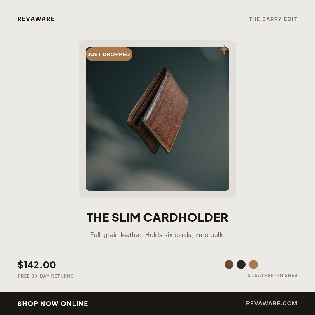 Light Minimal Leather Cardholder Product Card — Plus Jakarta Caps, Price Stack & Ink Shop Bar