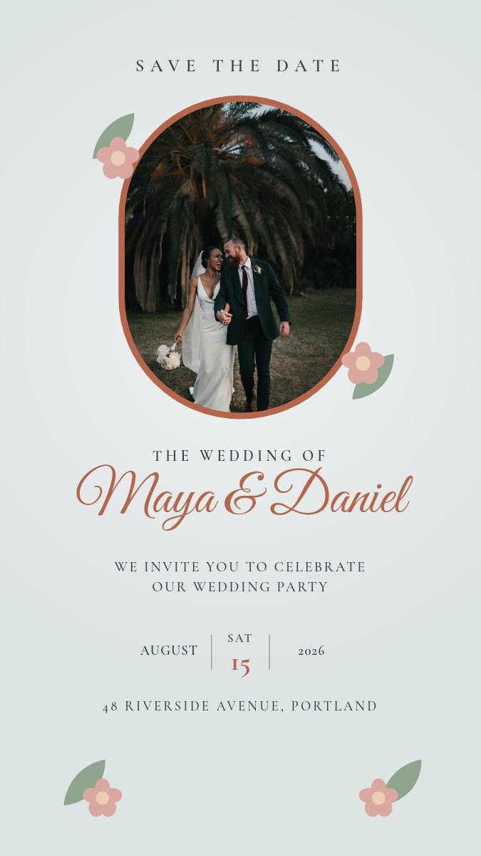 Dusty Blue & Terracotta Save the Date Story — Arched Photo Wedding Invite