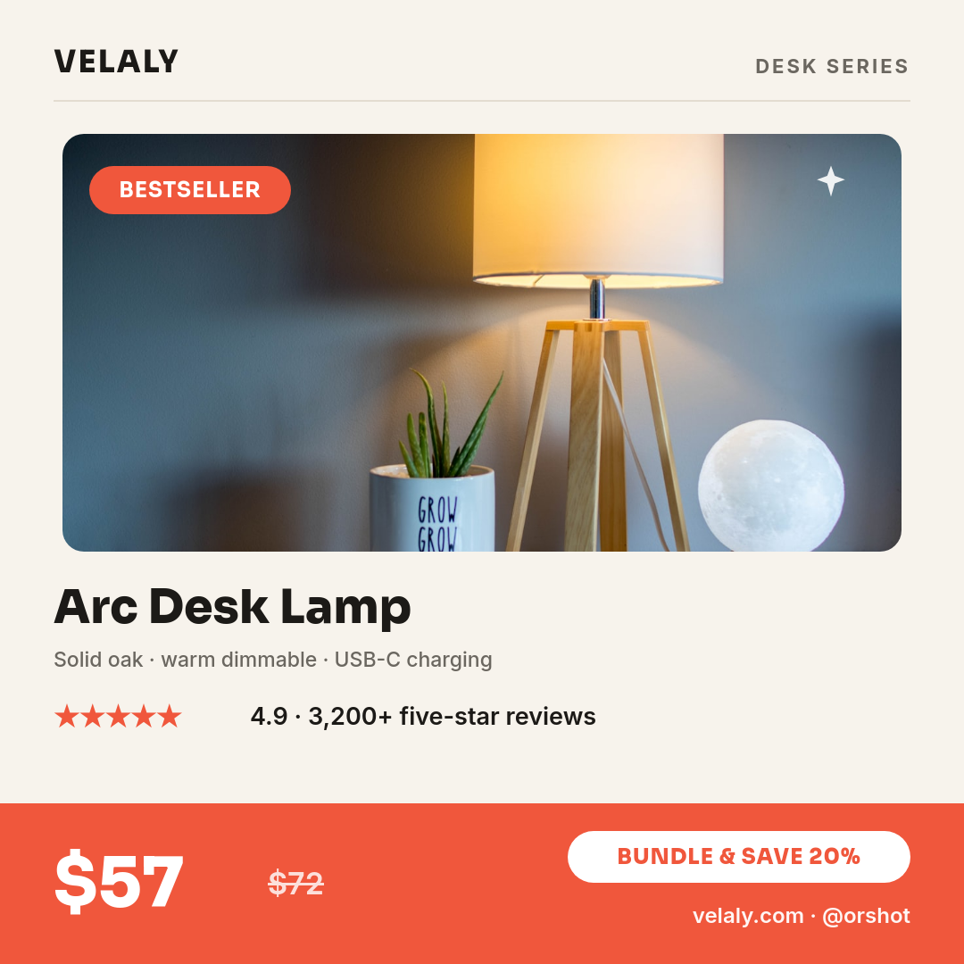 Warm Minimal Desk-Lamp Product Card — Sora Headline, Coral Price Band & Five-Star Social Proof