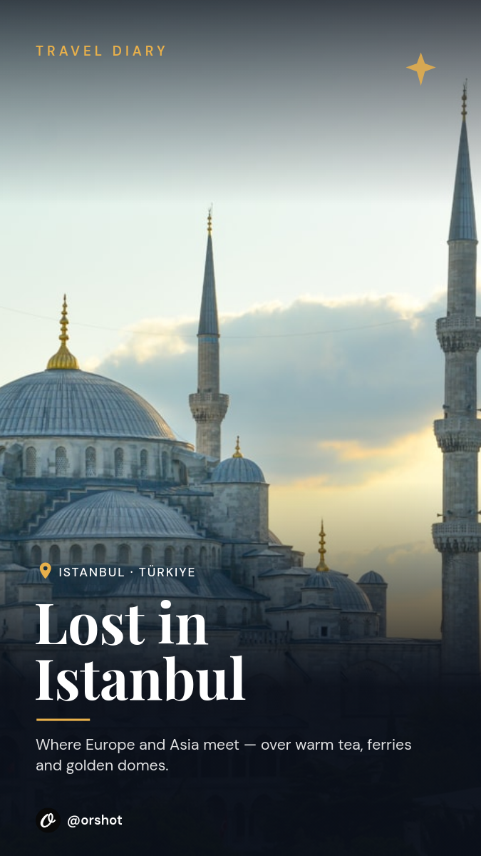 Istanbul Travel Diary Story — full-bleed mosque, serif caption