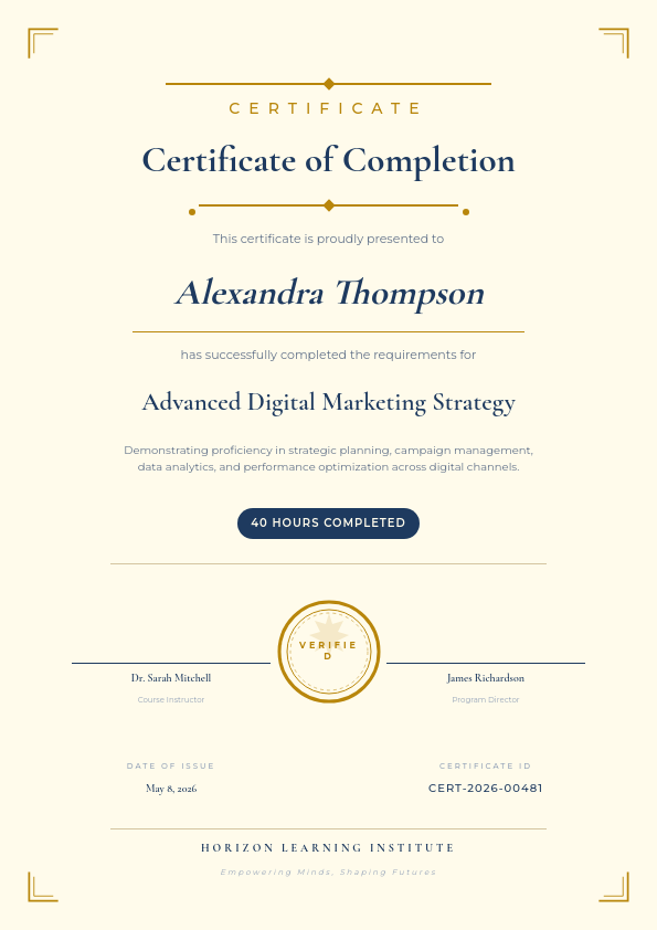 Ornate Gold Border Course Completion Certificate with Seal Badge and Script Name