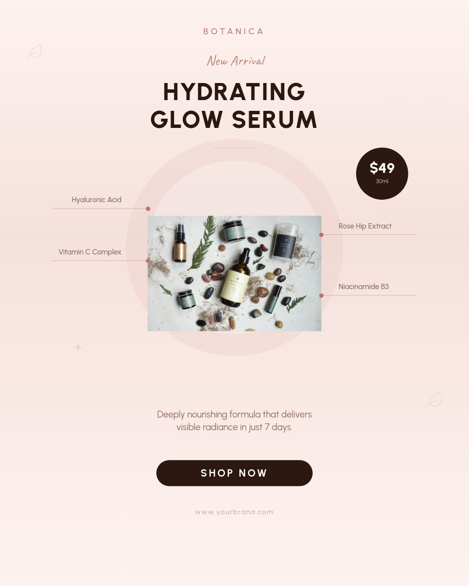 Soft Blush Skincare Product Feature Spotlight with Ingredient Callout Labels and Script Accent