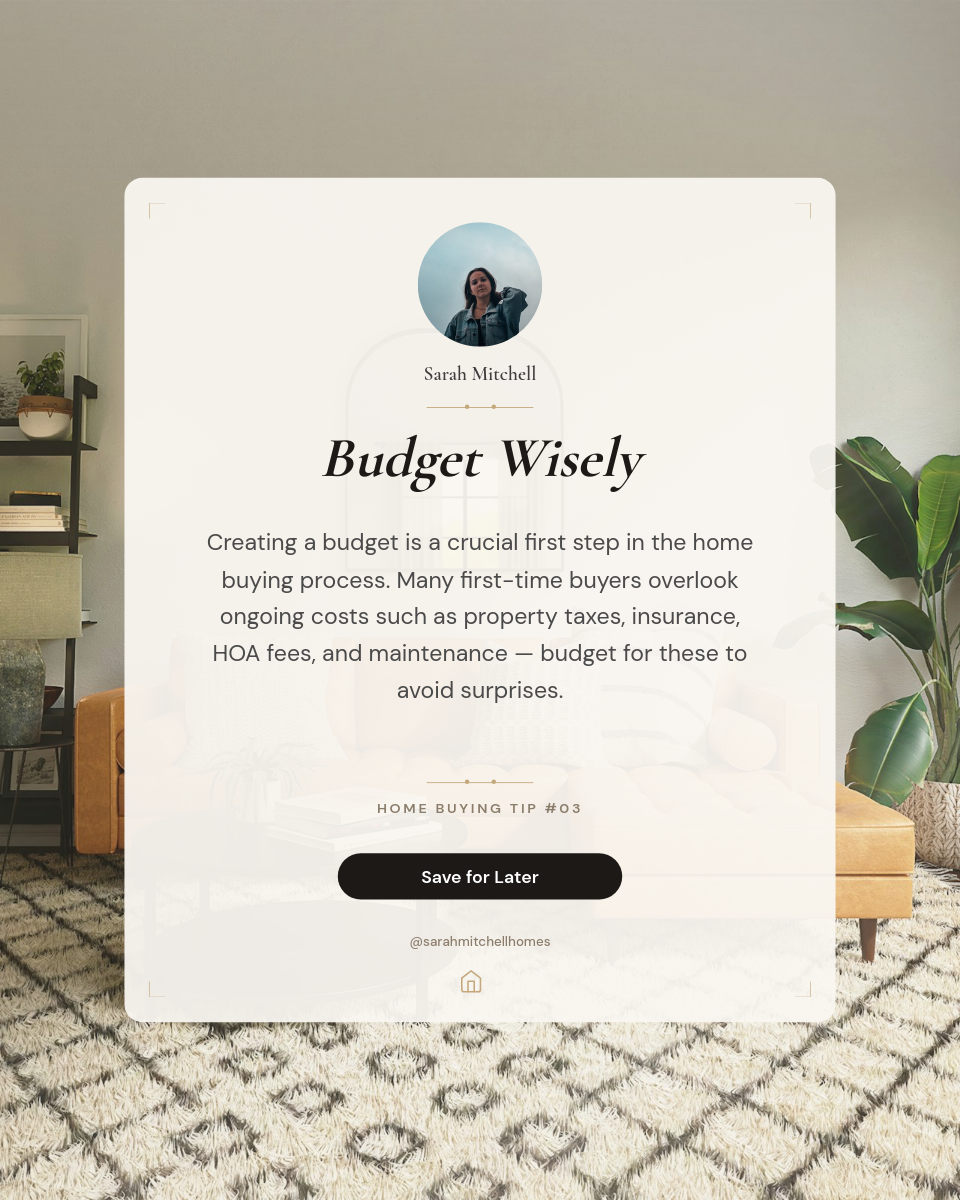 Warm Interior Budget Planning Reminder Card with Serif Headline and Frosted Overlay