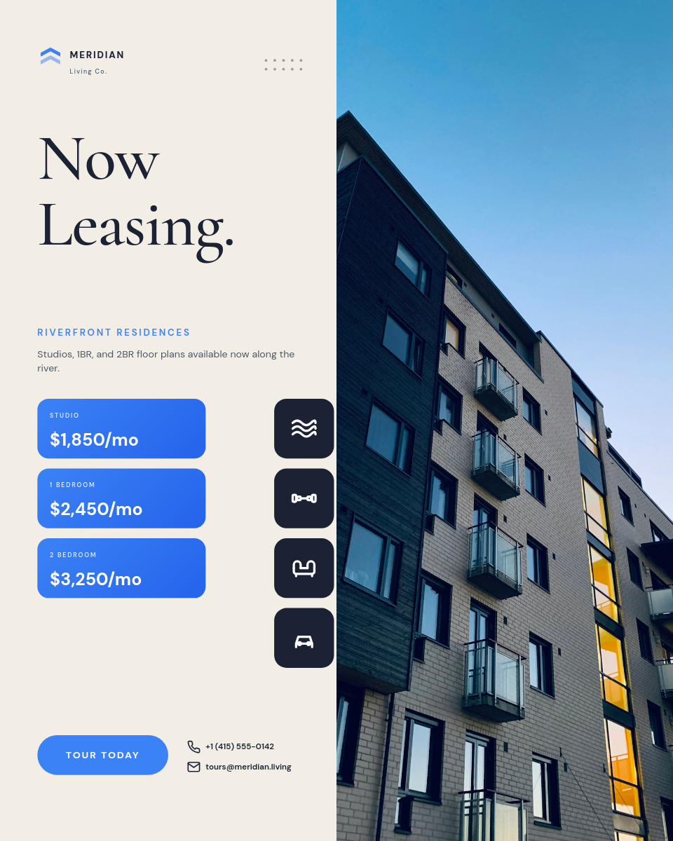 Cream and Blue Now Leasing Apartment Listing with Serif Headline, Gradient Pricing Cards, and Amenity Icon Chips
