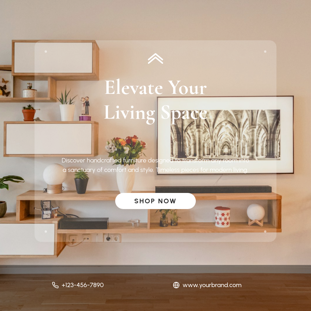 Warm Interior Furniture Ad with Frosted Glass Card Overlay
