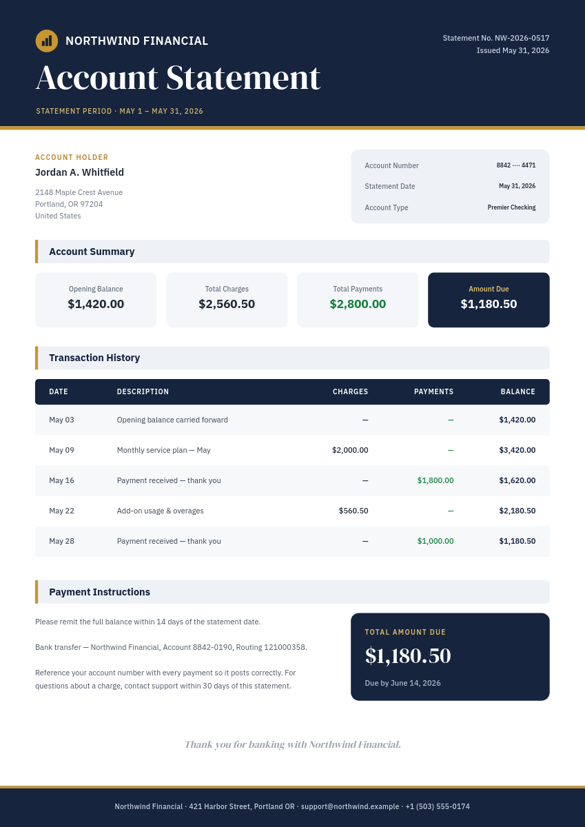 Navy & Gold Monthly Account Statement Document